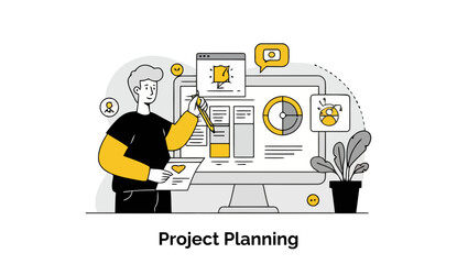 Poster - Young adult male in casual attire presenting project planning on a computer screen. Male project manager working with project data in a modern office setting.