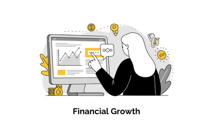 Poster - Female professional reviewing financial growth data on computer screen. Analyzing financial figures with a focus on business growth in a modern office setting.