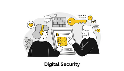 Poster - Digital Security Professionals Collaborating on a Tablet Displaying Cybersecurity Information in Modern Office Setting