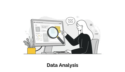 Fototapete - A female professional in business attire examines data on a computer screen using a magnifying glass at a desk in an office setting. Female data analyst scrutinizing data at her workspace.
