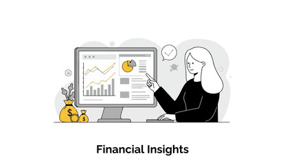 Poster - Young woman in business attire presenting financial data on a computer screen. Presenting financial insights at a modern office.