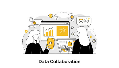 Poster - Two female colleagues in business attire collaborate on data analysis in a modern office setting. They are engaged in a focused discussion, reviewing charts and graphs on shared screens.
