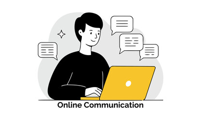 Poster - Young adult engaged in online communication using a laptop in a minimalist setting. Smiling male student working on his laptop with numerous chat bubbles around him.
