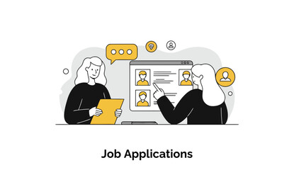 Poster - Female professionals reviewing job applications at a computer in an office setting. Two women, one pointing at a computer screen displaying candidate profiles, discussing job applications.