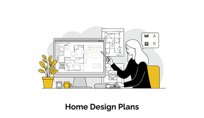 Fototapete - A female home designer in casual office attire, presenting home design plans on a computer screen, using a stylus. Young professional home designer presenting plans in a modern office setting.