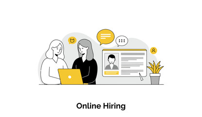 Poster - Two professional women reviewing a candidate's online application during the online hiring process at a modern office.