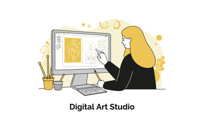 Fototapete - Young woman in casual clothing at a digital art studio, intently pointing at a computer screen displaying digital art designs. Female digital art designer working at home office.