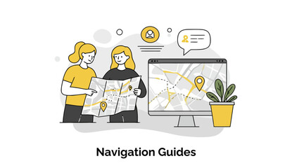 Poster - Young women studying a map and digital navigation guide, examining routes and locations. Two female colleagues collaborating on navigation planning in an office setting.