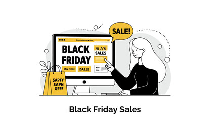 Poster - Young woman in casual clothing interacting with a computer screen showcasing Black Friday sales promotions.