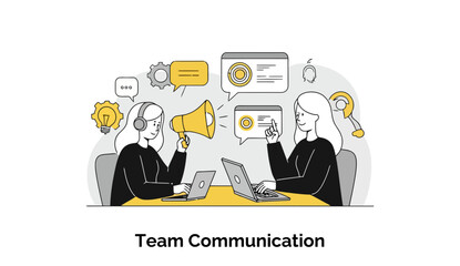 Poster - Female colleagues in business attire engaged in team communication at a shared office workstation. Two women collaborating with laptops and a megaphone in a modern office setting.