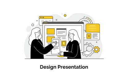 Poster - Female colleagues presenting a design project in a modern office setting. Two young women in business attire discuss design elements on a large screen display.