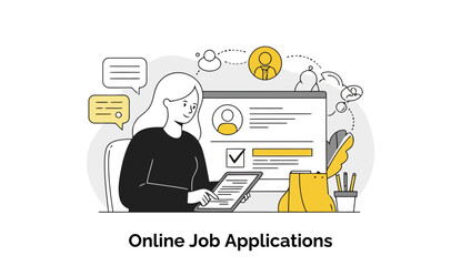 Poster - Young woman in casual clothing completing online job application form at home. A female job seeker sits at a desk, attentively reviewing a digital job application.
