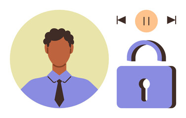 Poster - Persons avatar alongside media playback controls and a padlock icon represent privacy, user control, data security, access restriction, technology, multimedia navigation, and personal data