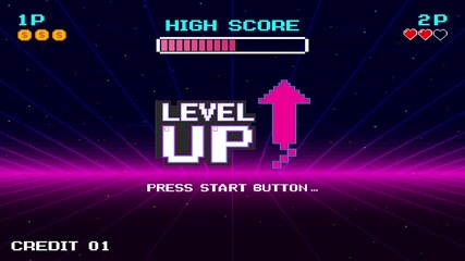 Aufkleber - LEVEL UP icon pixel art. 8 bit game. retro game. Retro Futurism Sci-Fi Background. glowing neon grid. and stars from vintage arcade computer games