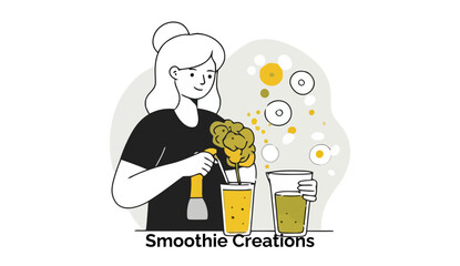 Fototapete - Young woman making a smoothie in a modern kitchen setting. Preparing a smoothie drink with various ingredients and blending devices in a professional bar setting.