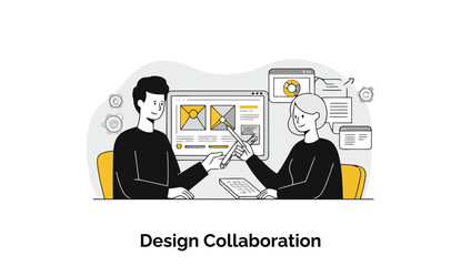 Poster - Design collaboration between two young professionals in casual clothing, discussing design concepts on a computer screen in an office setting. Teamwork in a creative office space.