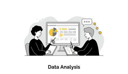 Poster - Two business professionals in black clothing reviewing data analysis on a computer screen in a meeting room.