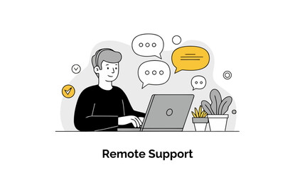 Poster - Young adult male in casual wear providing remote support at home office, seated at desk with laptop, interacting via chat bubbles.