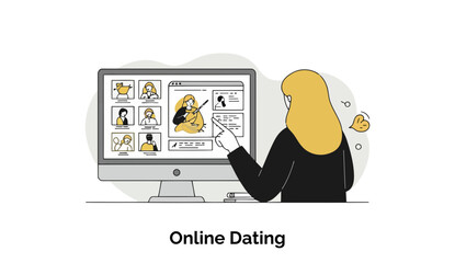 Poster - A young woman in a hijab and black outfit interacts with an online dating platform, scrolling through potential matches on a computer screen in a home office setting.