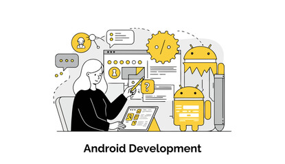 Poster - Female developer working on Android app design at a modern workplace. Focused on tablet interface design with surrounding project elements.