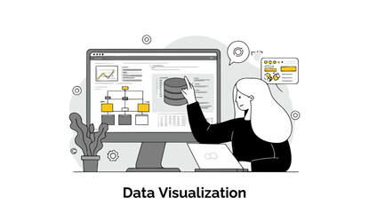  - Young woman in business casual attire interacting with data visualization software on a computer screen. Presenting data insights in a modern office setting.