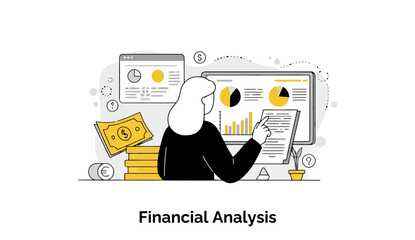  - Female financial analyst reviewing financial data on multiple computer screens in a modern office setting.