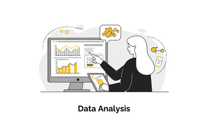 Fototapete - Female data analyst reviewing graphs on computer screen and tablet in a professional office setting. Presenting data analysis findings.