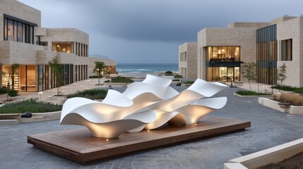Poster - Modern abstract sculpture of white fabric stands illuminated on terrace with luxurious architecture, creating a stunning artistic effect