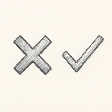 Artistic rendering of checkmark and crossmark symbols created with pencil drawing and texture on a beige background.