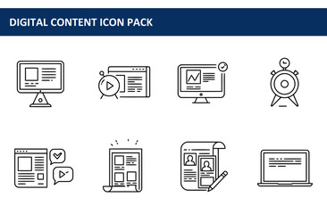 Poster - Digital content icons depicting various elements of content creation and management. Simple line drawings of computers, websites, and other tools for publishing and reviewing content.