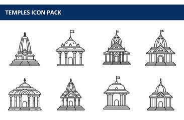 Poster - Hindu temple icons in various architectural styles. Collection of line art temple designs with architectural details.