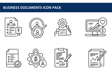 Poster - Business document icons showing various processes and tasks in a simple, clean line art style. Collection of business document icons in a flat design.