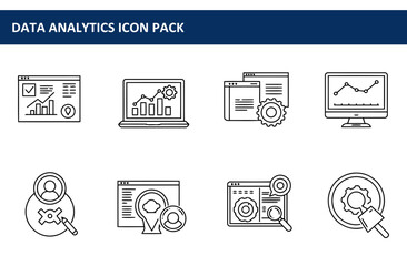 Poster - Data analytics icon pack depicting various digital tools for data analysis. Simple line drawings of web pages, laptops, monitors, graphs, and gears.