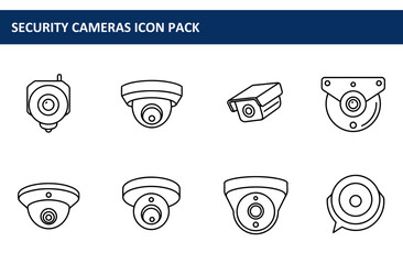 Poster - Security camera icon pack with various types. Simple, linear illustrations of different security camera models in a clean white background. Security system icons for website use.