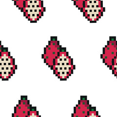 Fototapete - pattern with exotic fruit in pixel art style, namely dragon fruit icons, retro 8-bit graphics style with visible square pixels and minimal color palette