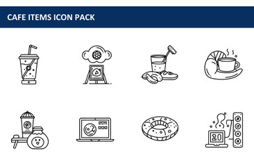 Poster - Cafe items icon pack showcasing various beverages and food, with digital elements. Line drawings depicting drinks, snacks, and technology, presented in a simple, modern style.