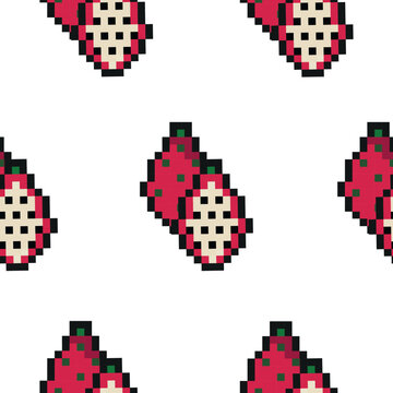 pattern with exotic fruit in pixel art style, namely dragon fruit icons, retro 8-bit graphics style with visible square pixels and minimal color palette
