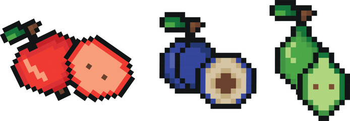 Fototapete - set of garden fruits in pixel art style, namely apple, pear and plum icons, retro 8-bit graphics style with visible square pixels and minimal color palette