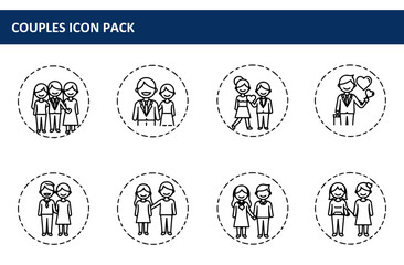 Poster - Couples iconographic representation in various social settings. Diverse couples in casual and formal attire depicted in different poses and contexts.