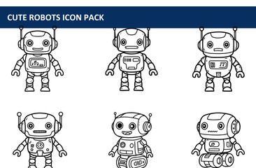 Poster - Cute robot illustrations in various poses on a white background. Collection of stylized robots in standing and seated positions, with simple, child-friendly design elements.