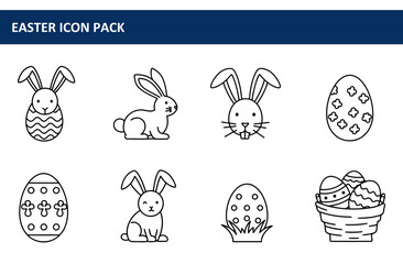 Poster - Simple line art Easter icons featuring a bunny, Easter eggs, and a basket of eggs. Easter icon pack for print, digital media, or web design.