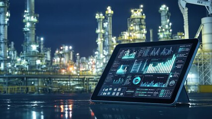 Poster - Industrial tablet computer displaying data visualizations in front of a refinery at night.
