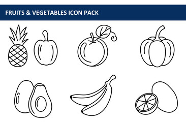 Poster - Fruit and vegetable icons in a graphic design. Simple line art representations of various fruits and vegetables in a clean, easily editable style.