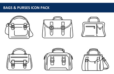 Poster - Line drawings of various bags and purses, with different styles and functionalities. Simple, classic bag designs displayed in a grid format, perfect for showcasing different types of leather goods.