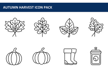 Poster - Autumn harvest icon pack featuring various seasonal elements. Black line drawings of leaves, pumpkins, rain boots, and a container.
