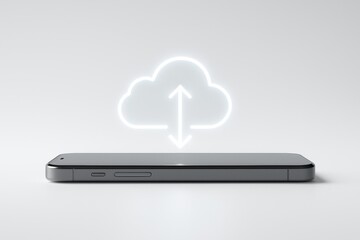 Fototapete - Cloud Data Synchronization: A sleek smartphone, illuminated by a glowing cloud icon and arrows, represents seamless data transfer and connectivity in a clean, modern aesthetic. 