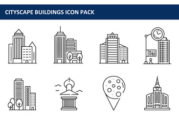Poster - Modern cityscape building icons in a flat design style. Simple line drawings of various urban structures with architectural details.
