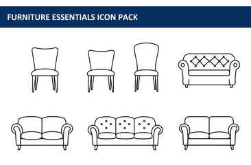 Poster - Furniture essentials line art illustrations of chairs and sofas. Simple outlines of various seating options for interior design or furniture catalogs.