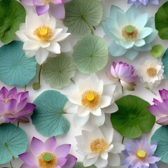 Poster - Softly colored lotus flowers showcase intricate lace and silk petals amid delicate fabric layers, creating an elegant floral display SEAMLESS PATTERN