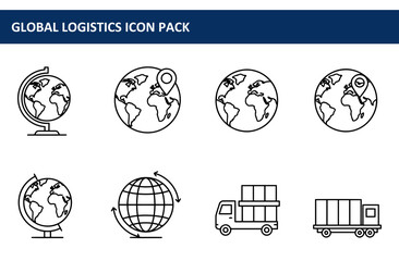 Poster - Global logistics icons in various styles depicting globes, location markers, and transportation vehicles.